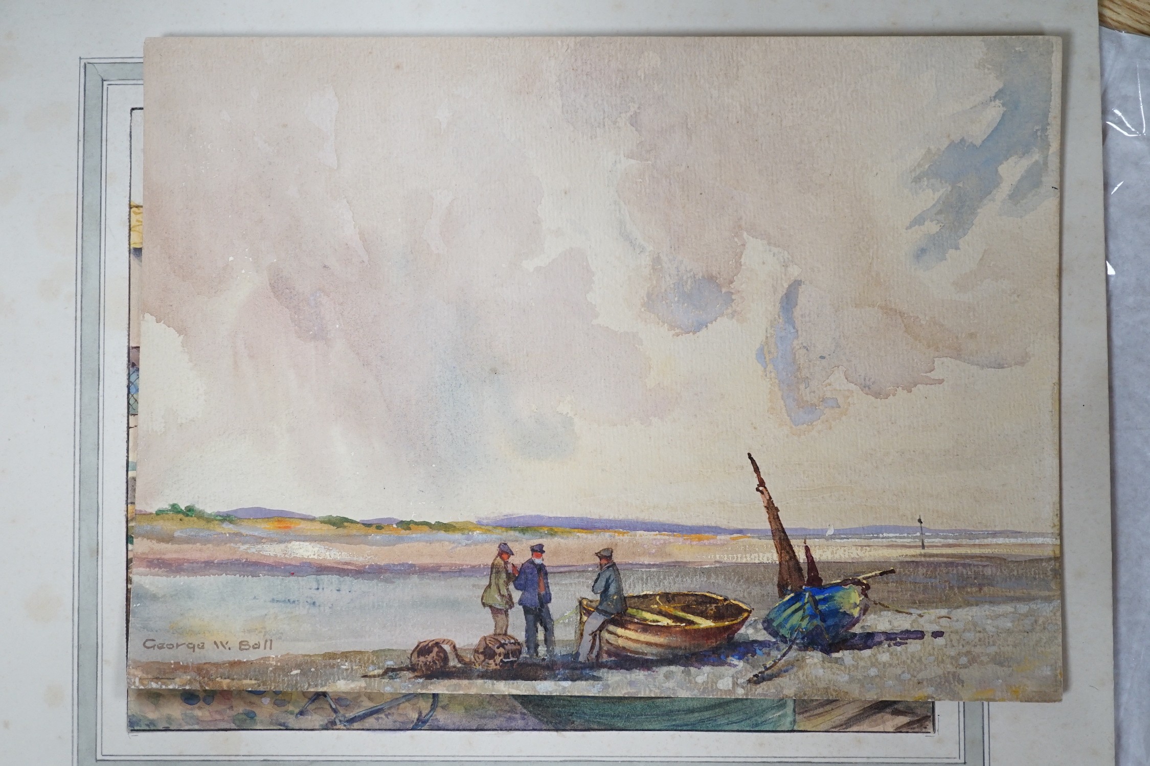 George W. Ball, three watercolour postcard designs, 'The old cottage doorway', 'Estuary, North Wales' and 'An old harbour', largest 18 x 23cm and a Francis Bolton watercolour, View of Criccieth Castle, North Wales', 18 x